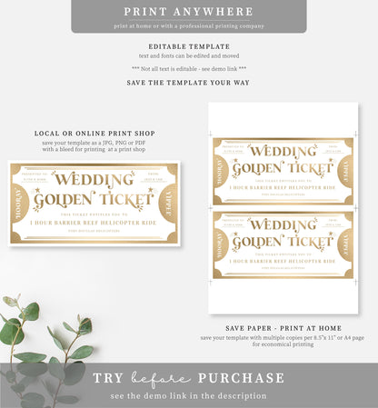 Golden Ticket Gold | Printable Wedding Custom Gift Voucher Template