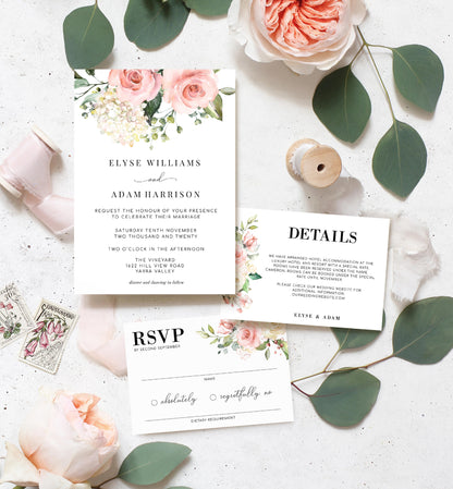 Darcy Floral Pink | Printable Wedding Invitation Suite - Black Bow Studio