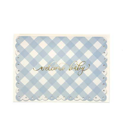 Gingham Blue Gold | Welcome Baby Greeting Card