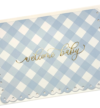 Gingham Blue Gold | Welcome Baby Greeting Card