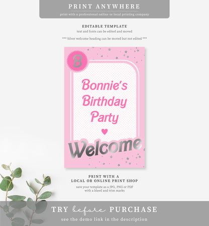 Barbie Party Pink Silver | Printable Welcome Sign Template