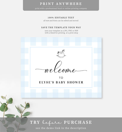 Gingham Blue Rocking Horse | Printable Welcome Sign