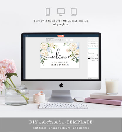 Darcy Floral White | Printable Welcome Sign - Landscape