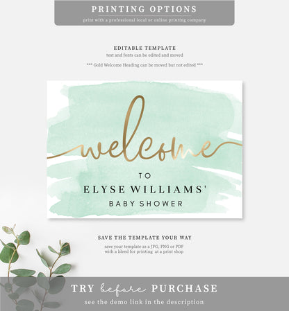 Watercolour Green | Printable Welcome Sign - Black Bow Studio