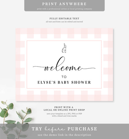 Gingham Pink Bunny | Printable Welcome Sign Template