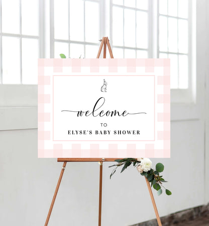 Gingham Pink Bunny | Printable Welcome Sign Template