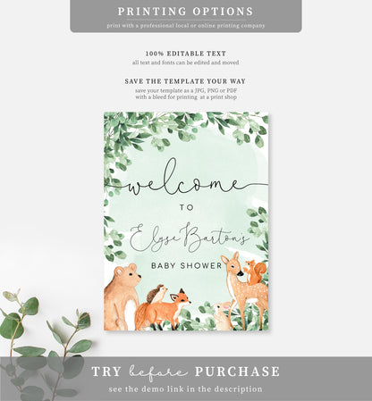 Woodland Animals Green | Printable Welcome Sign