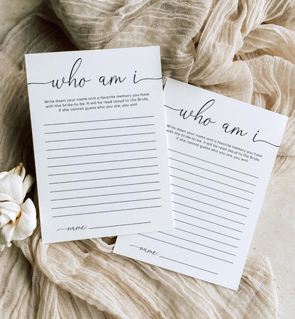 Quinn Script White | Printable Who Am I Bridal Shower Game