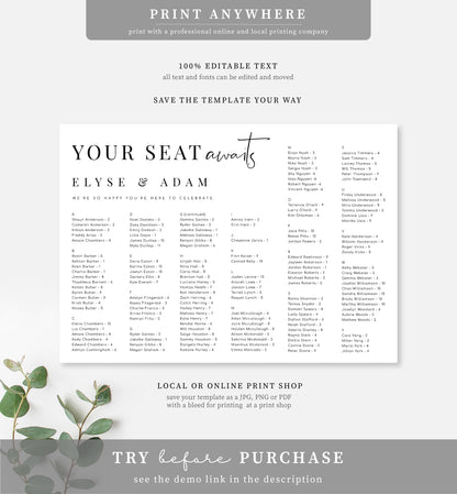 Estelle White | Printable Your Seat Awaits Alphabetical Seating Chart Template